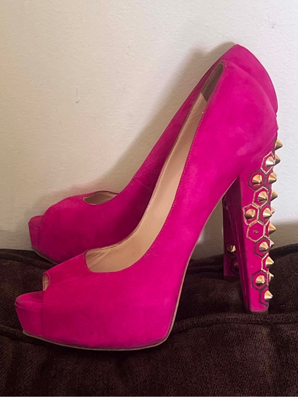 Brian Atwood Fuchsia Suede Peep-Toe Heels with Gold Studded Heel